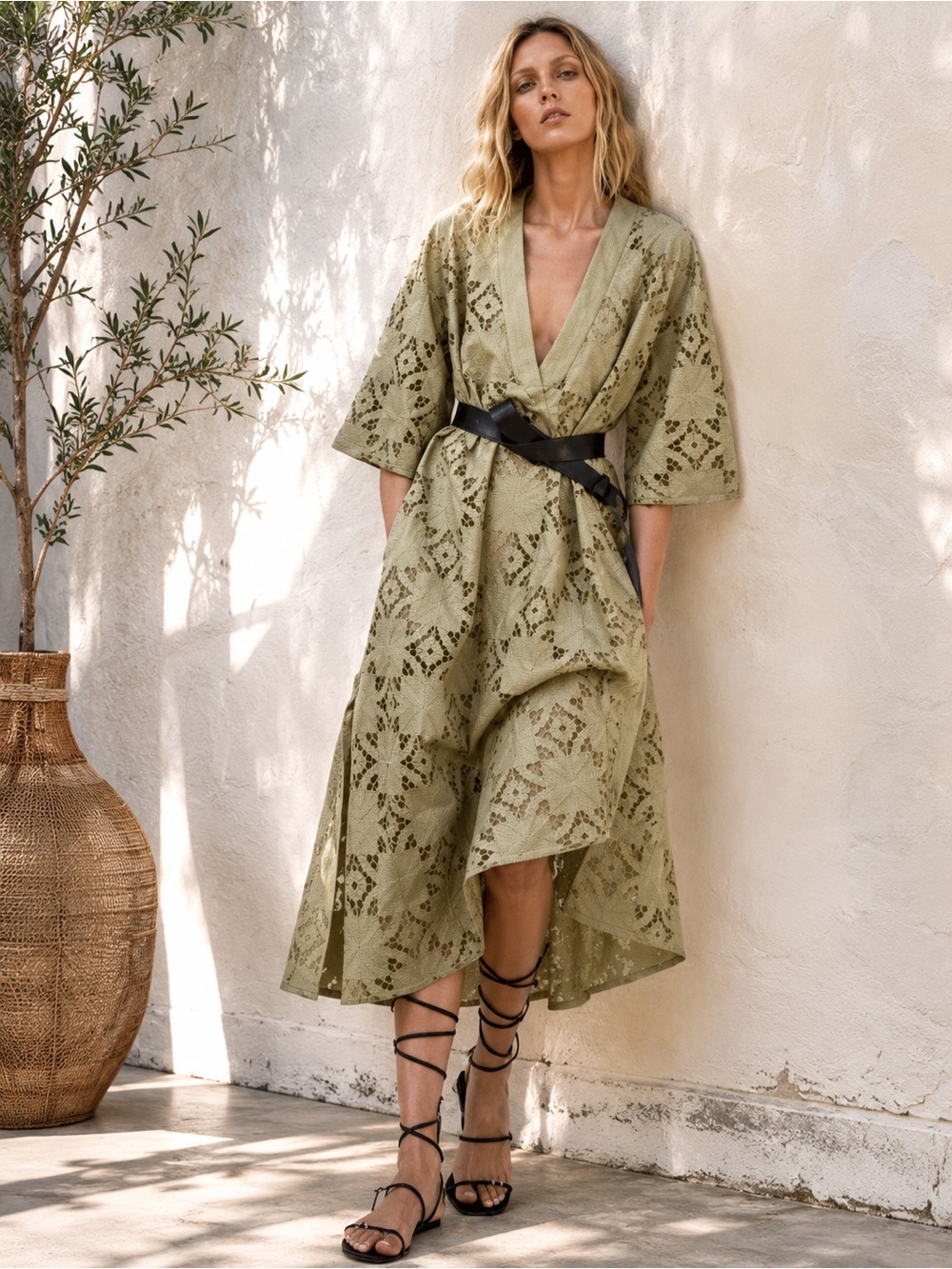 147🌟 ZARA Sage Green Textured Wrap Midi Dress | Kimono Sleeve | Boho | Size Smal